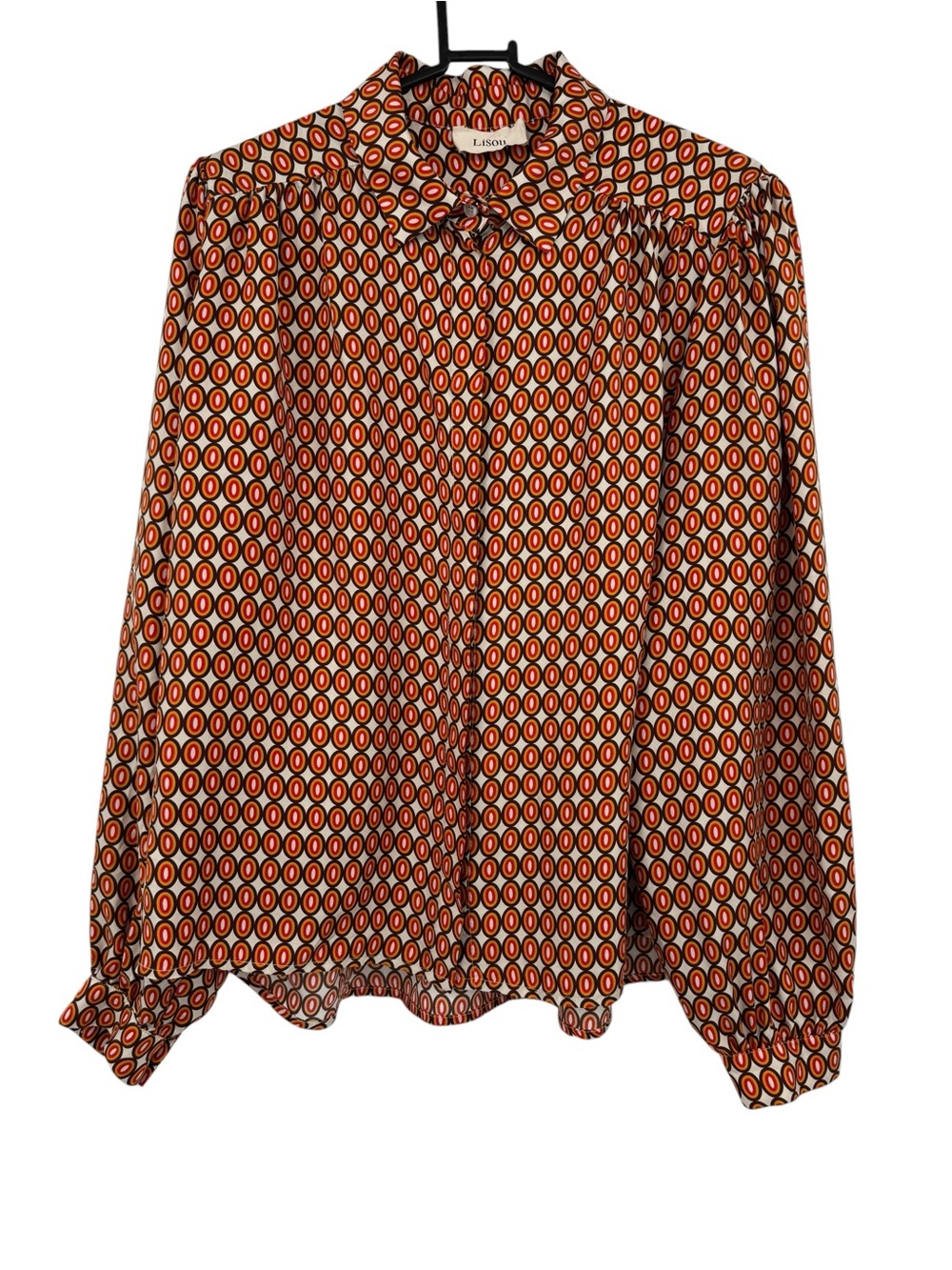 Lisou Womens Eliza Silk Blouse Shirt Orange Brown Pebble Print Retro 8